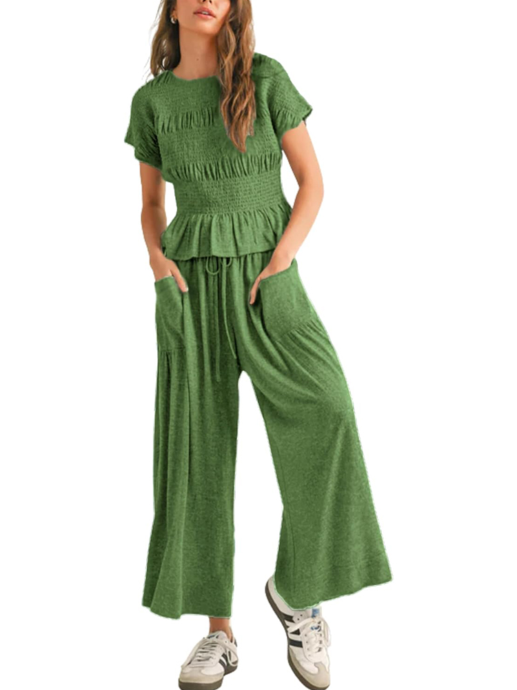 Women’s 2-Piece Smocked Top & Wide-Leg Pants Set (buy 2 free shipping)