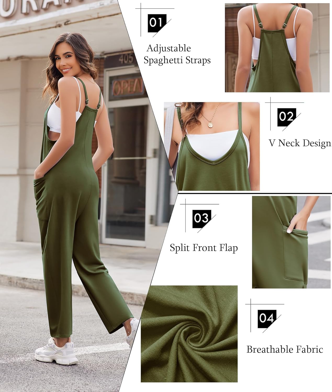 Womens Loose Spaghetti Strap Baggy Overalls Rompers with Pockets