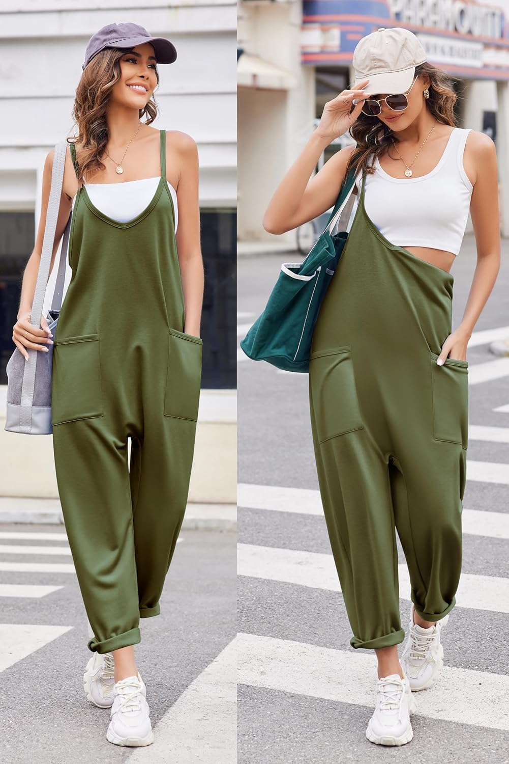 Womens Loose Spaghetti Strap Baggy Overalls Rompers with Pockets