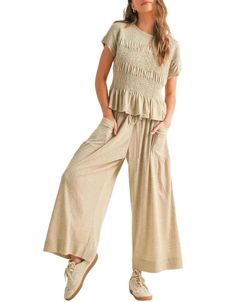 Women’s 2-Piece Smocked Top & Wide-Leg Pants Set (buy 2 free shipping)