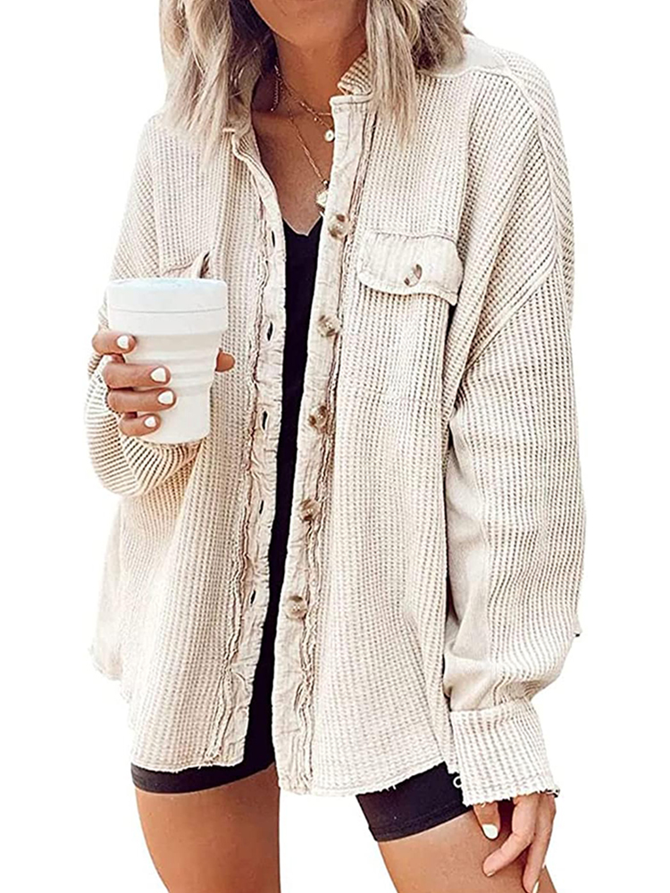 Women's Waffle Long Sleeve Button Down Shirt Jackets (buy 2 free shipping)