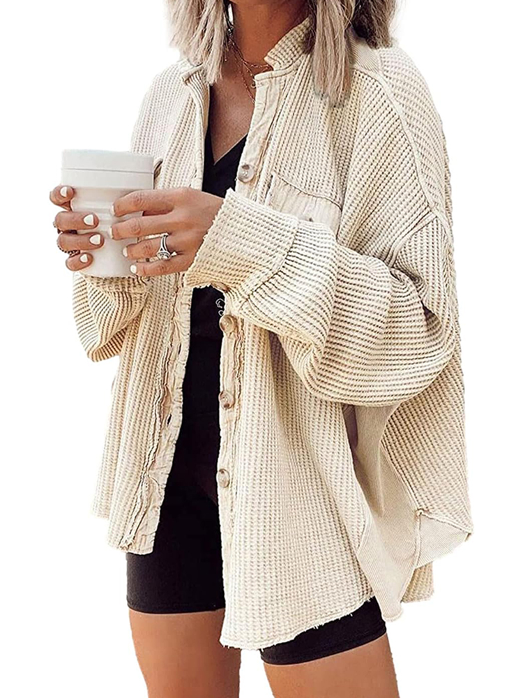 Women's Waffle Long Sleeve Button Down Shirt Jackets (buy 2 free shipping)