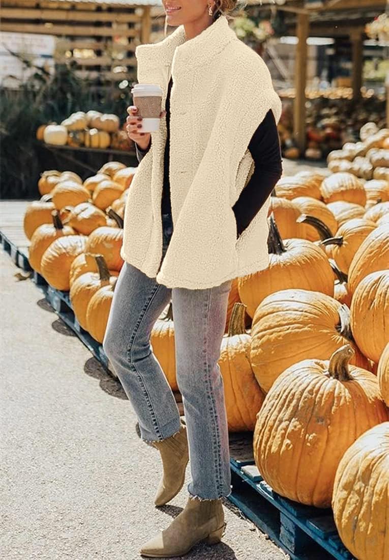 Women's Oversized Warm Button Down Sherpa Vest Jacket with Pockets
