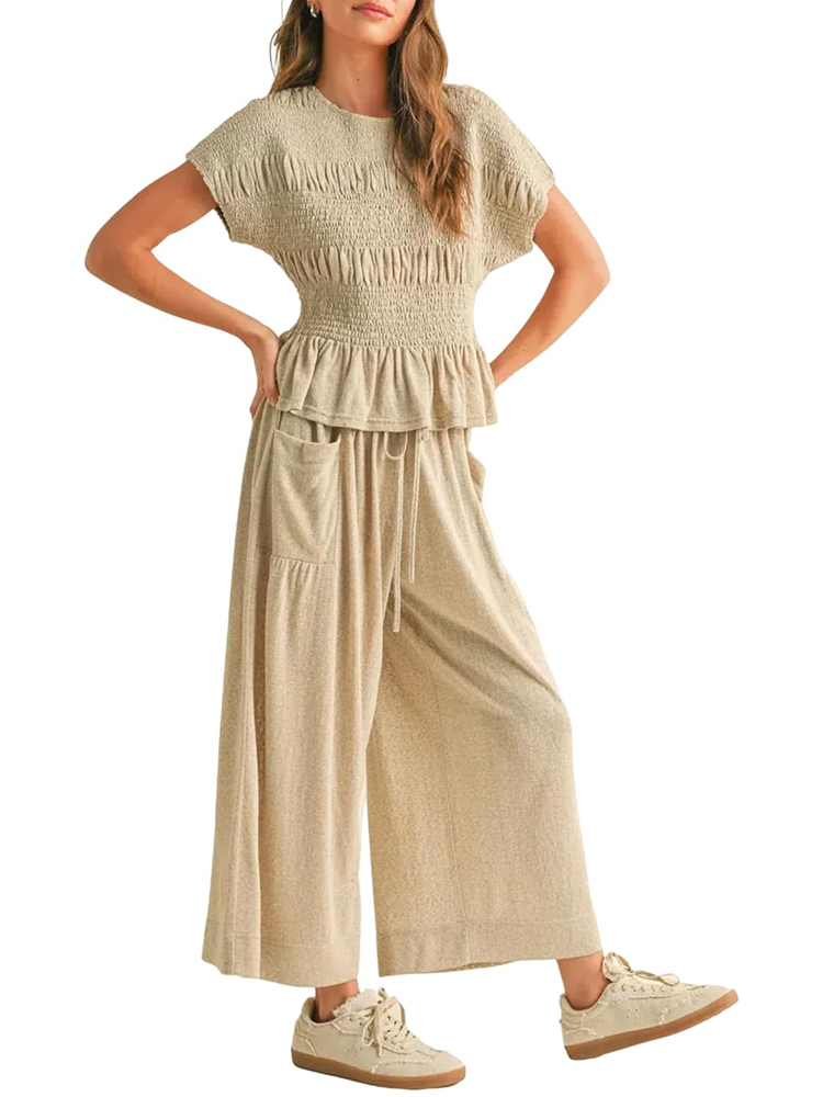 Women’s 2-Piece Smocked Top & Wide-Leg Pants Set (buy 2 free shipping)