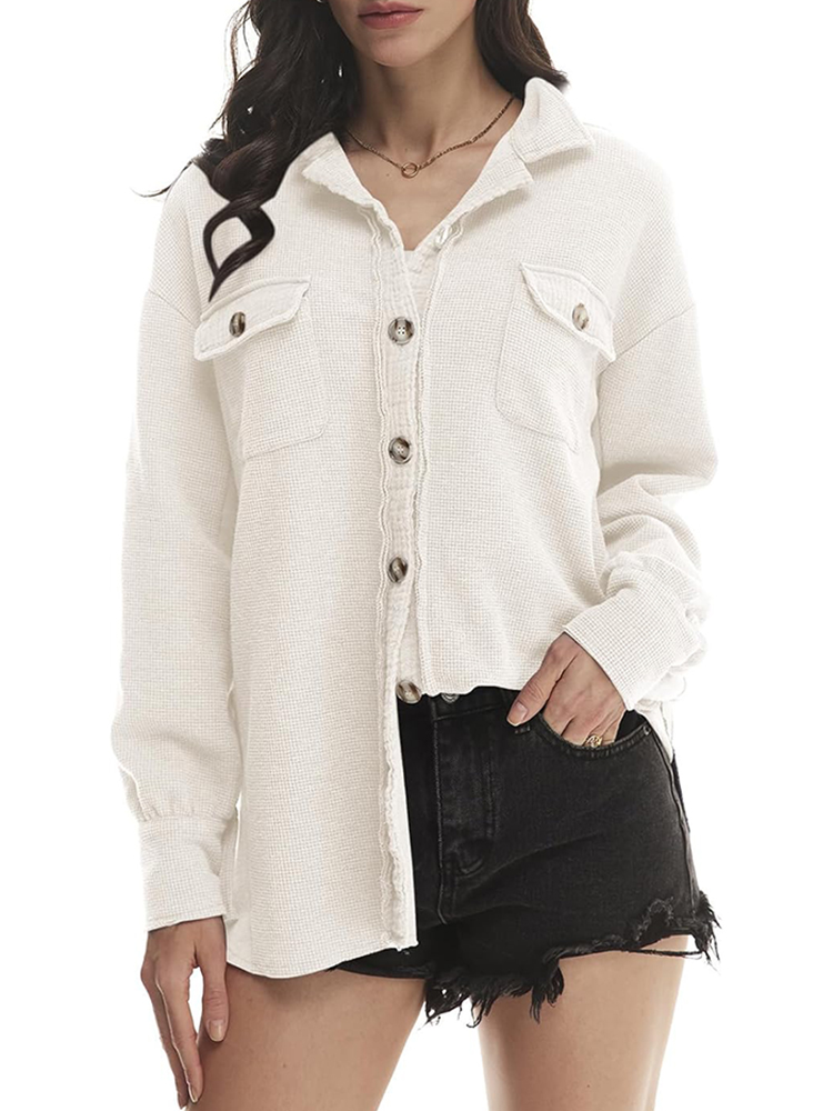 Women's Waffle Long Sleeve Button Down Shirt Jackets (buy 2 free shipping)