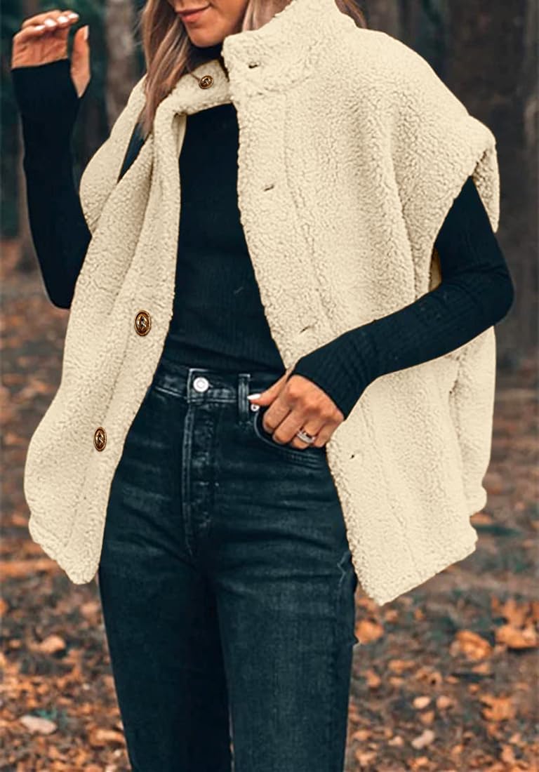 Women's Oversized Warm Button Down Sherpa Vest Jacket with Pockets