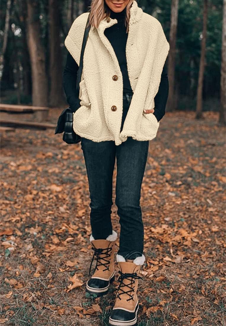 Women's Oversized Warm Button Down Sherpa Vest Jacket with Pockets