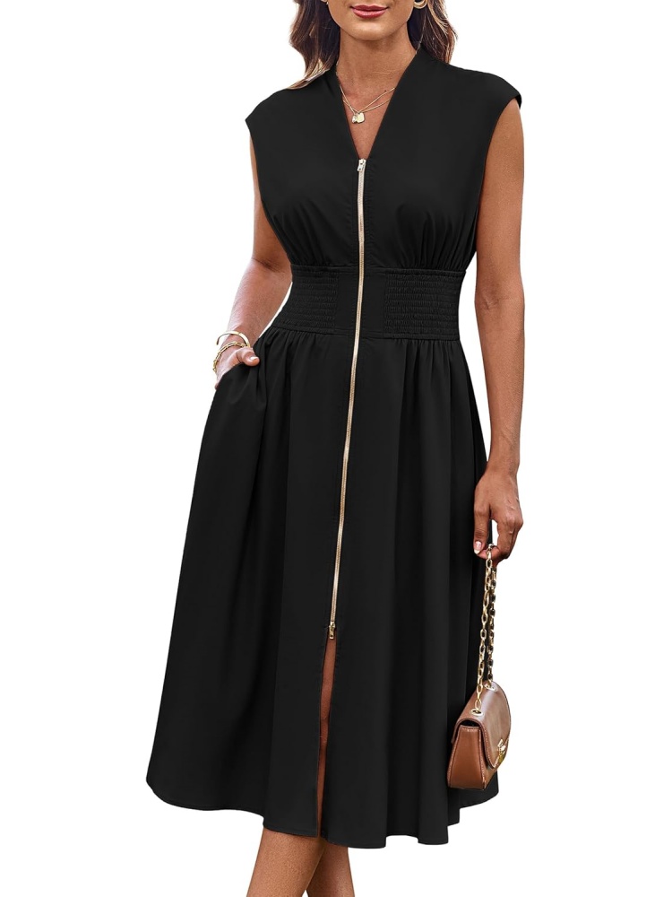 Womens Casual Zipper Front Flowy Midi Dress with Pockets