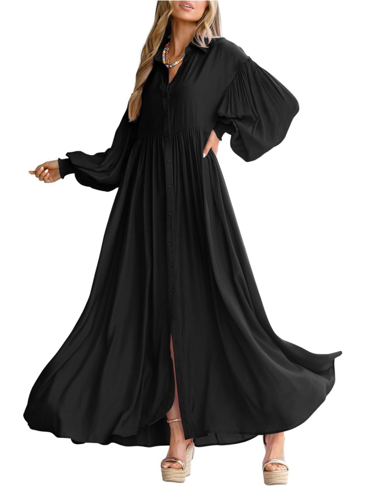 Womens Button Down Loose Lantern Long Sleeve Solid Shirt Dress With Pockets