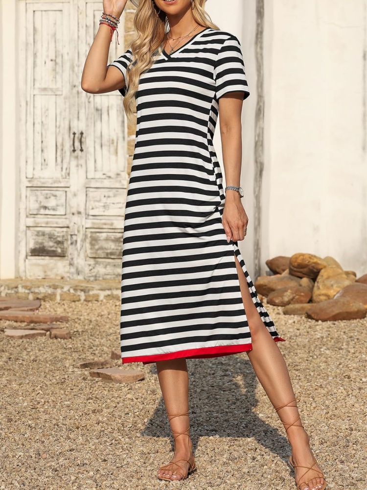 Womens Fashion Short Sleeve Striped Maxi Dress (BUY 2 FREE SHIPPING)
