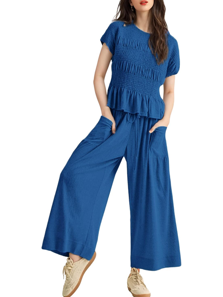 Women’s 2-Piece Smocked Top & Wide-Leg Pants Set (buy 2 free shipping)