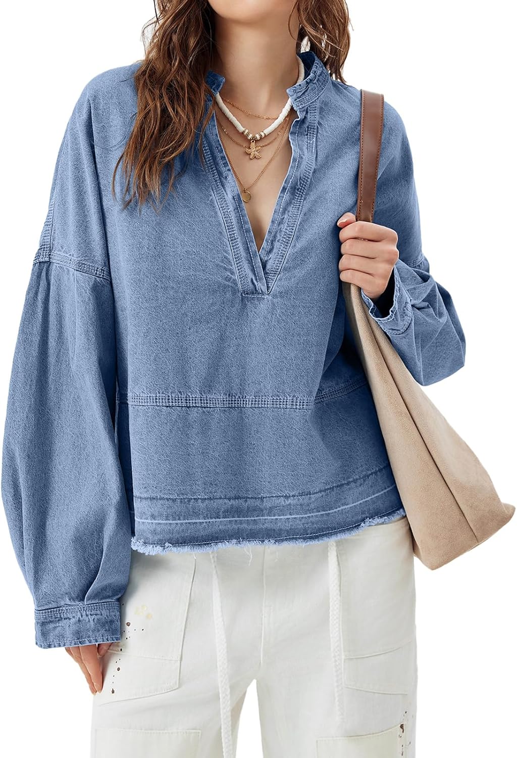 Womens Denim Tops Pullover Trendy Casual V Neck Loose Fit Puff Sleeve Jean Cotton Shirts