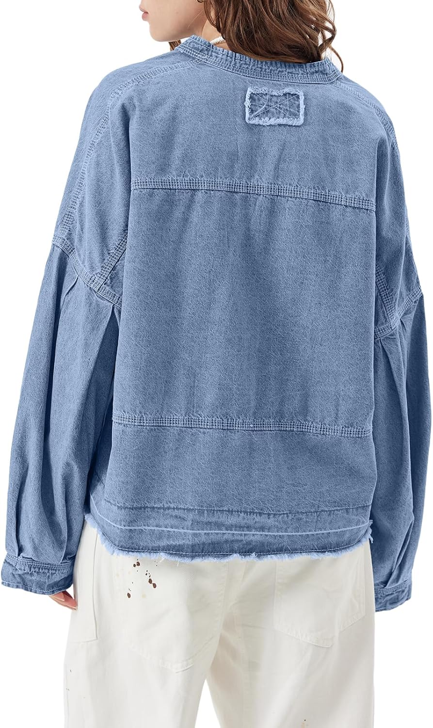 Womens Denim Tops Pullover Trendy Casual V Neck Loose Fit Puff Sleeve Jean Cotton Shirts
