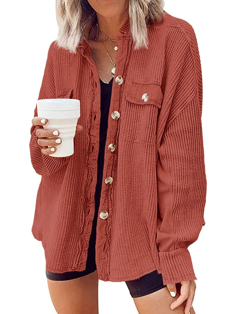 Women's Waffle Long Sleeve Button Down Shirt Jackets (buy 2 free shipping)