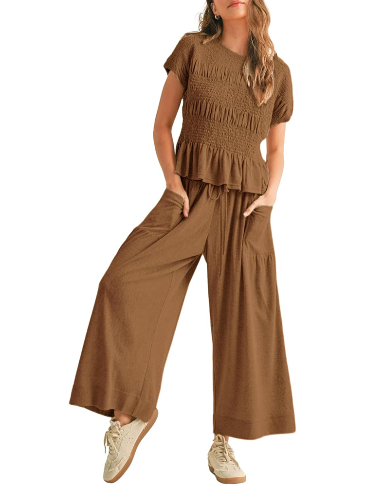 Women’s 2-Piece Smocked Top & Wide-Leg Pants Set (buy 2 free shipping)