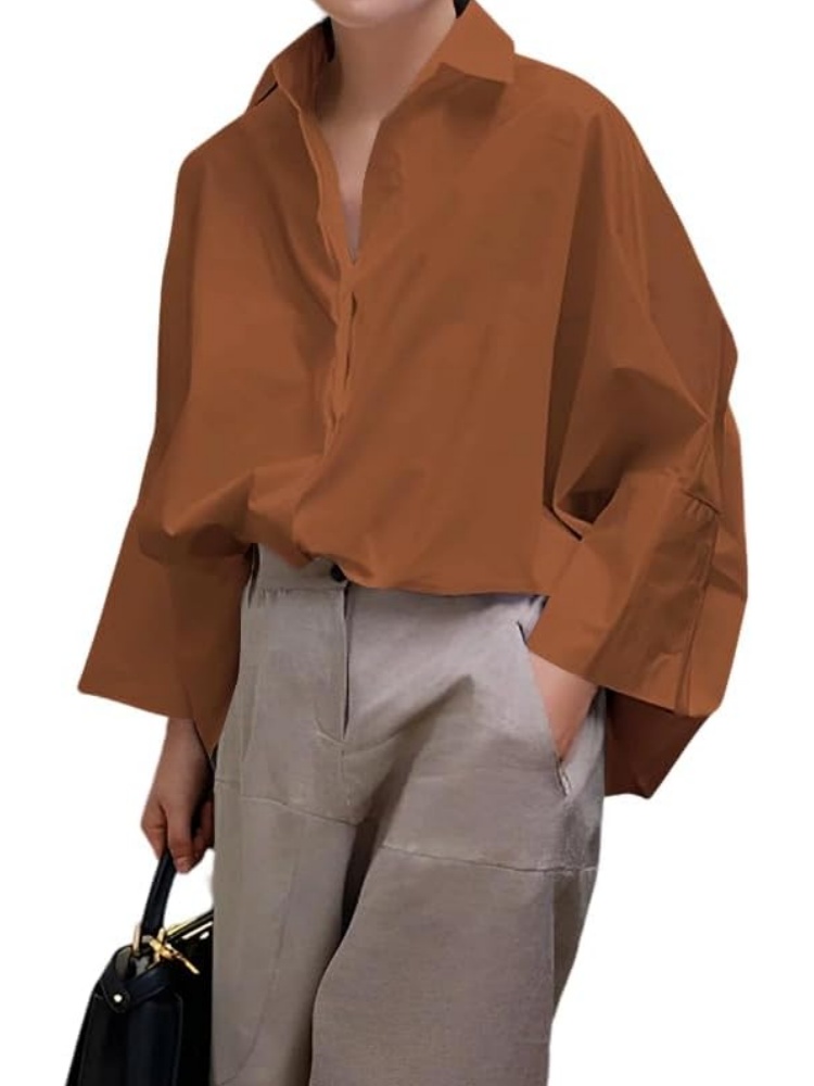 Womens Cotton Casual 3/4 Sleeve Loose Fit Collared Work Blouse Tops