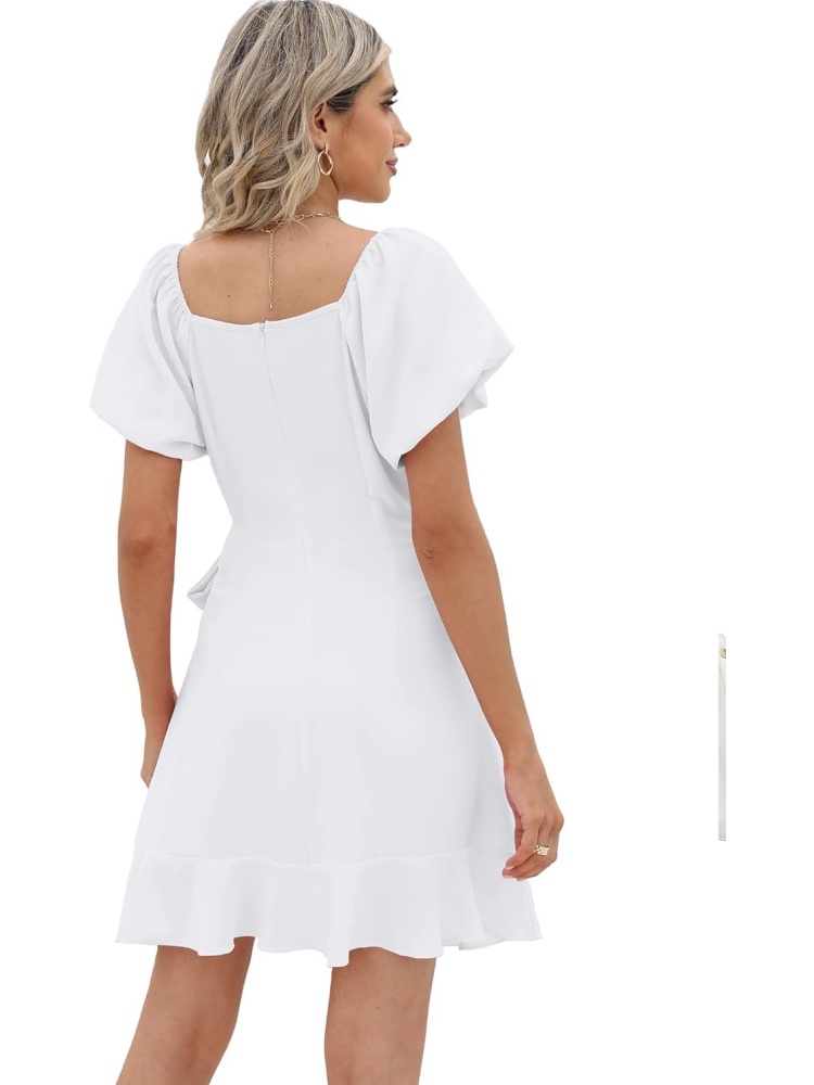 Womens Square Neck Puff Sleeve Tie Waist Short Dress (BUY 2 FREE SHIPPING)
