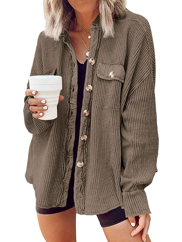 Women's Waffle Long Sleeve Button Down Shirt Jackets (buy 2 free shipping)