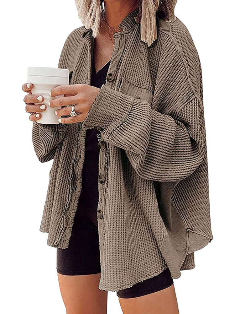 Women's Waffle Long Sleeve Button Down Shirt Jackets (buy 2 free shipping)
