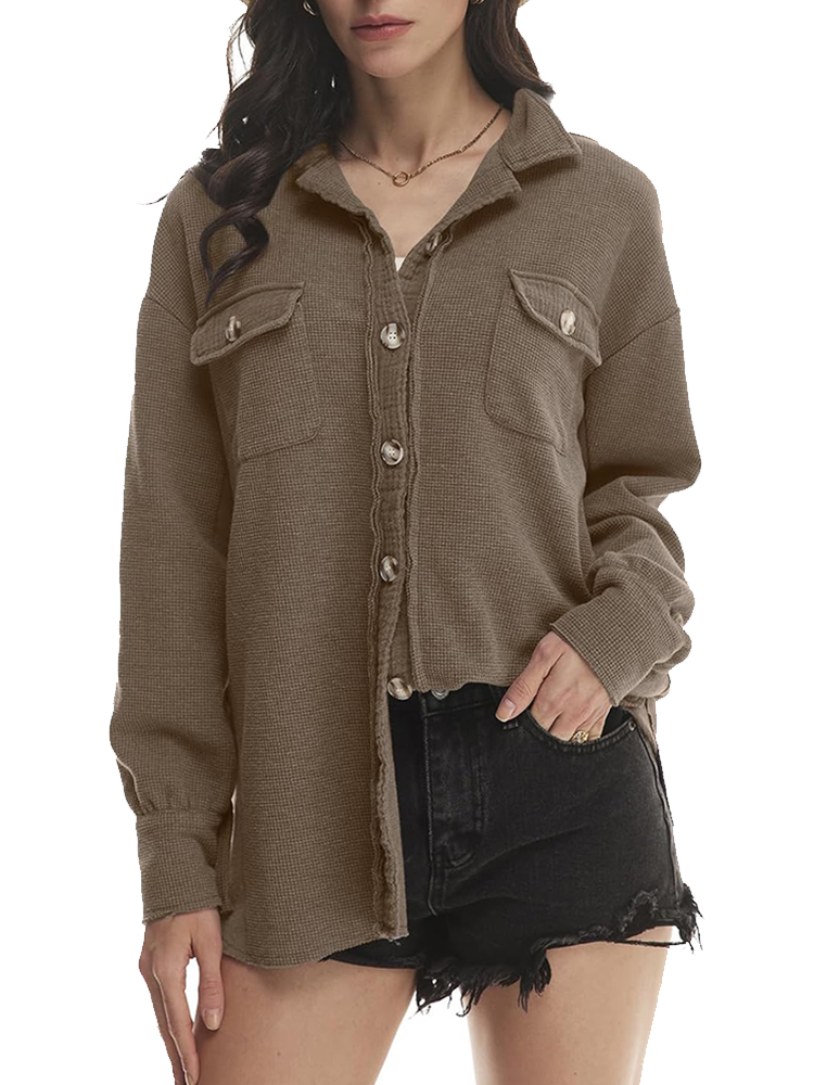 Women's Waffle Long Sleeve Button Down Shirt Jackets (buy 2 free shipping)