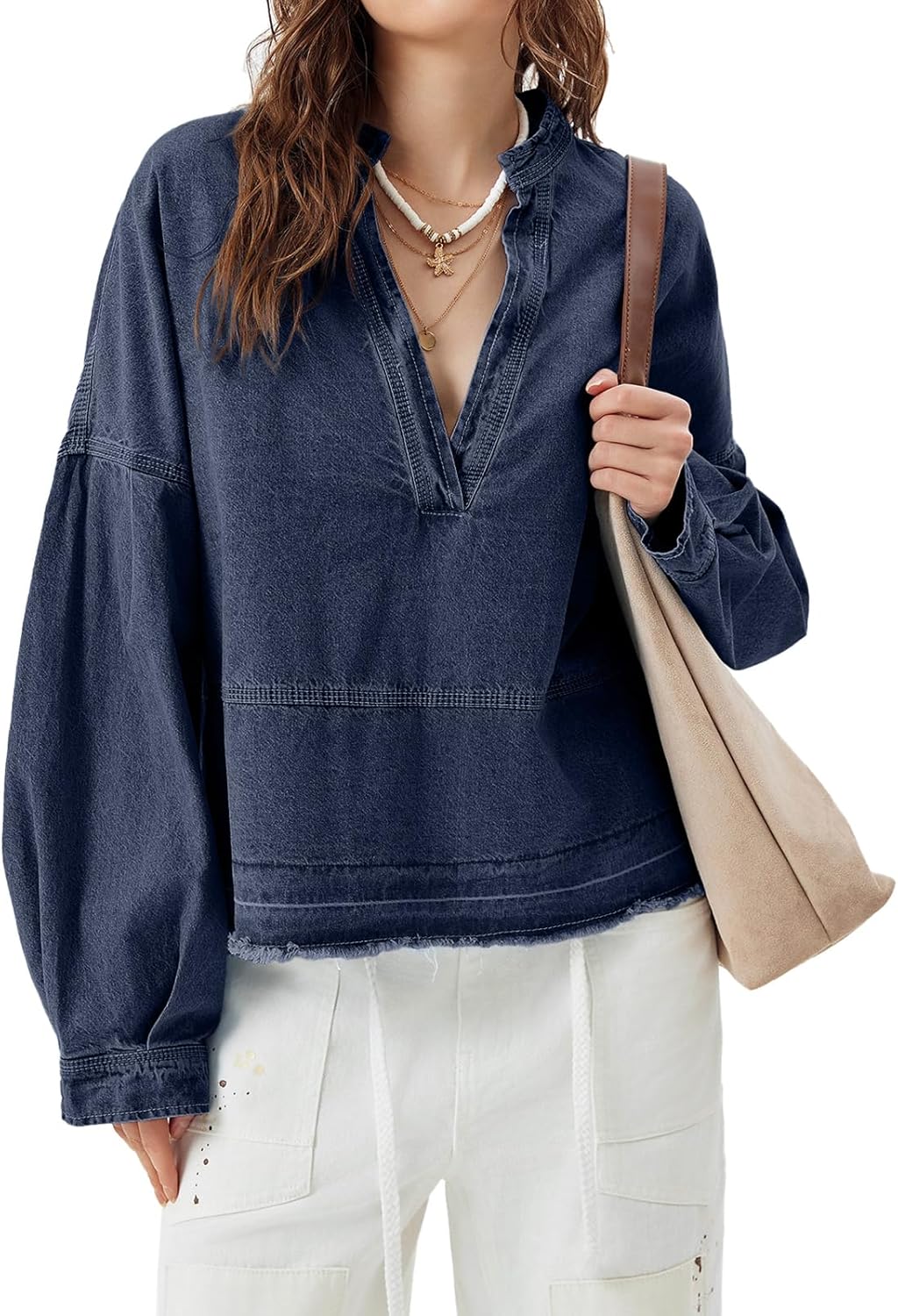 Womens Denim Tops Pullover Trendy Casual V Neck Loose Fit Puff Sleeve Jean Cotton Shirts