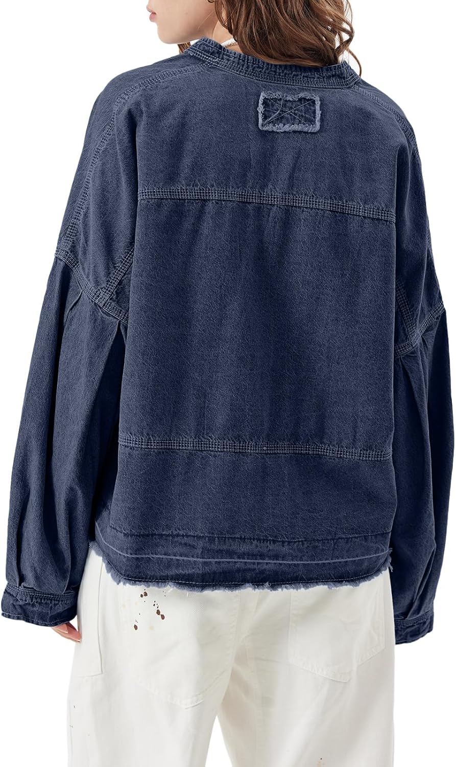 Womens Denim Tops Pullover Trendy Casual V Neck Loose Fit Puff Sleeve Jean Cotton Shirts