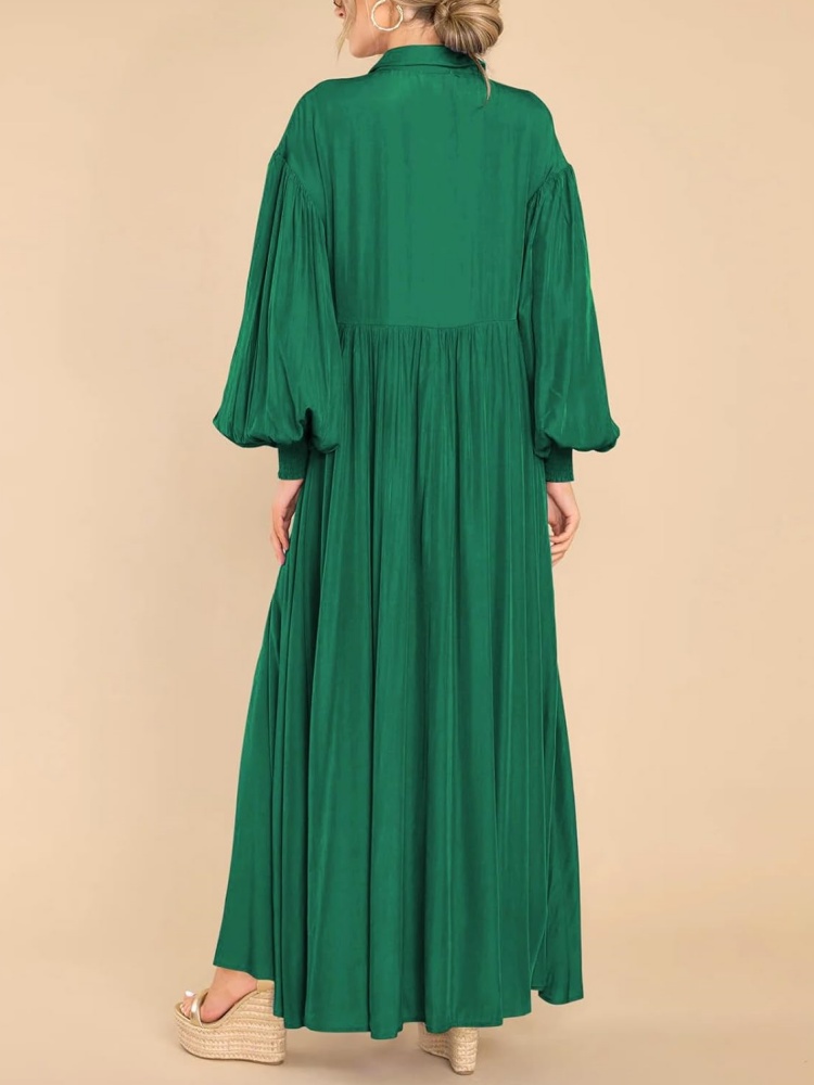 Womens Button Down Loose Lantern Long Sleeve Solid Shirt Dress With Pockets