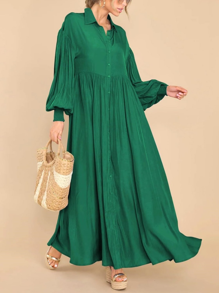 Womens Button Down Loose Lantern Long Sleeve Solid Shirt Dress With Pockets