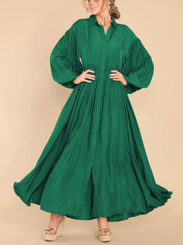 Womens Button Down Loose Lantern Long Sleeve Solid Shirt Dress With Pockets