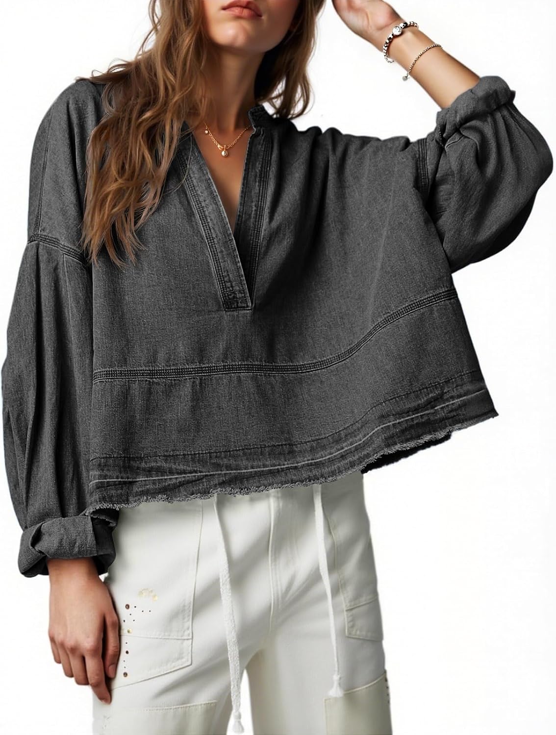 Womens Denim Tops Pullover Trendy Casual V Neck Loose Fit Puff Sleeve Jean Cotton Shirts