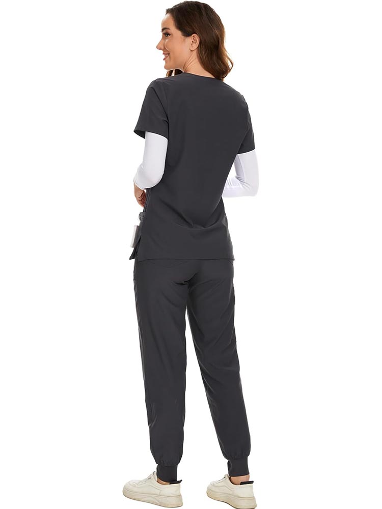 Womens Stretch V-Neck Scrub Top & Jogger Pant Set with 8 Pockets