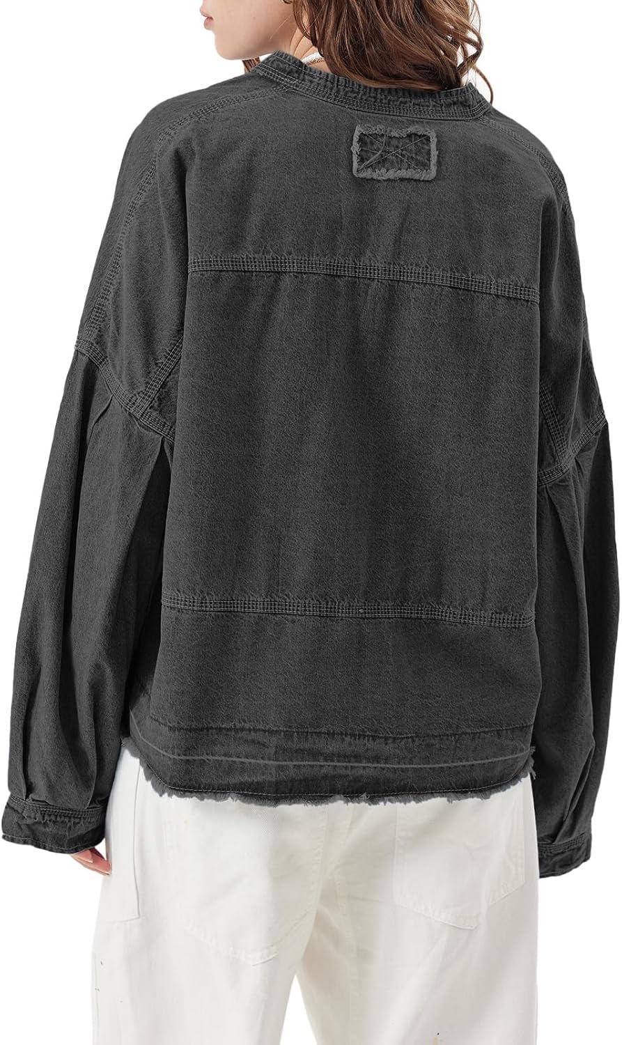 Womens Denim Tops Pullover Trendy Casual V Neck Loose Fit Puff Sleeve Jean Cotton Shirts