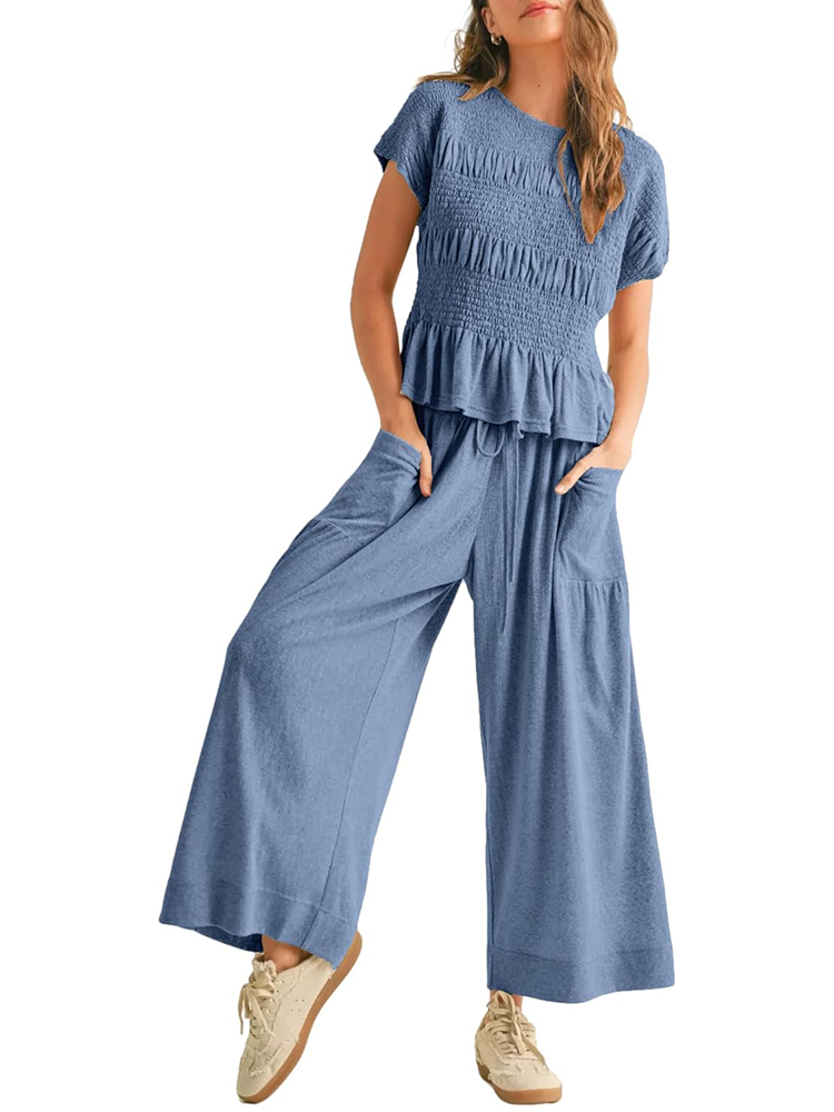 Women’s 2-Piece Smocked Top & Wide-Leg Pants Set (buy 2 free shipping)