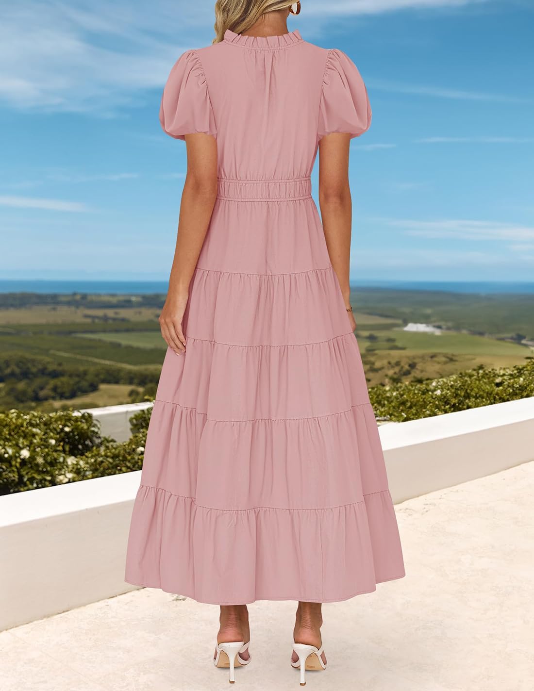 Women's Puff Short Sleeve V Neck Ruffle Tiered Flowy Boho Beach Dress