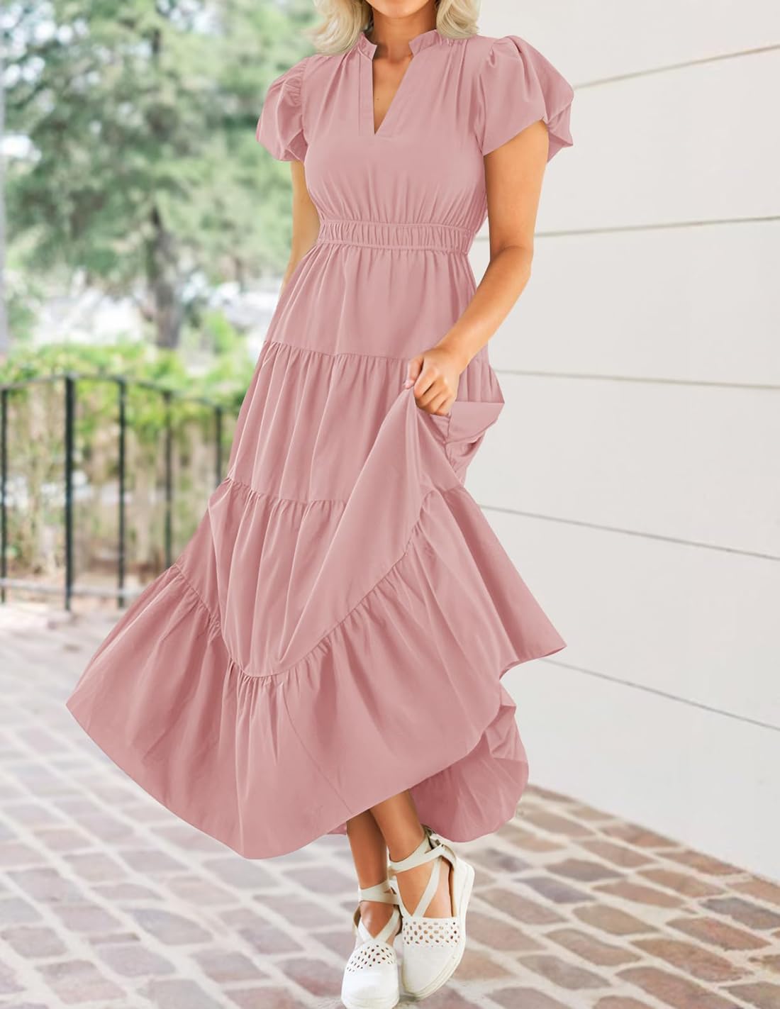Women's Puff Short Sleeve V Neck Ruffle Tiered Flowy Boho Beach Dress