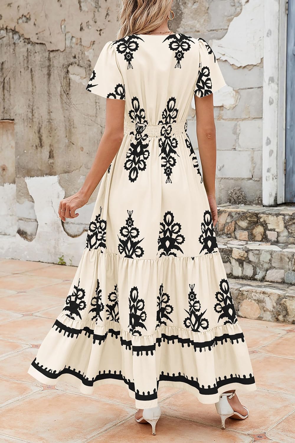 Womens Casual V Neck Boho Maxi Dress With Pocket