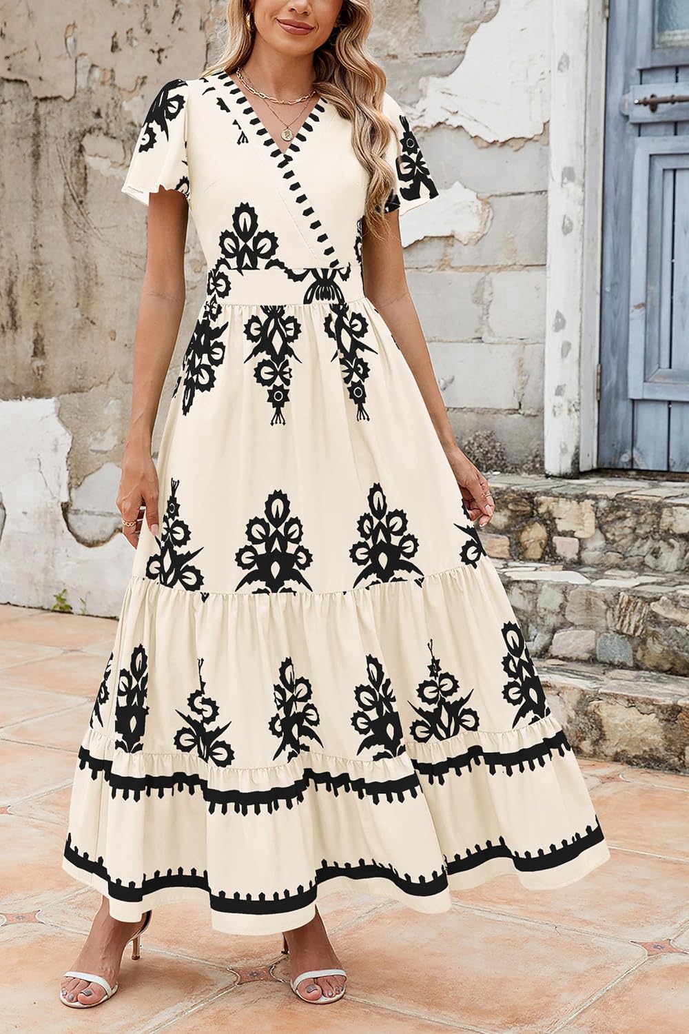 Womens Casual V Neck Boho Maxi Dress With Pocket