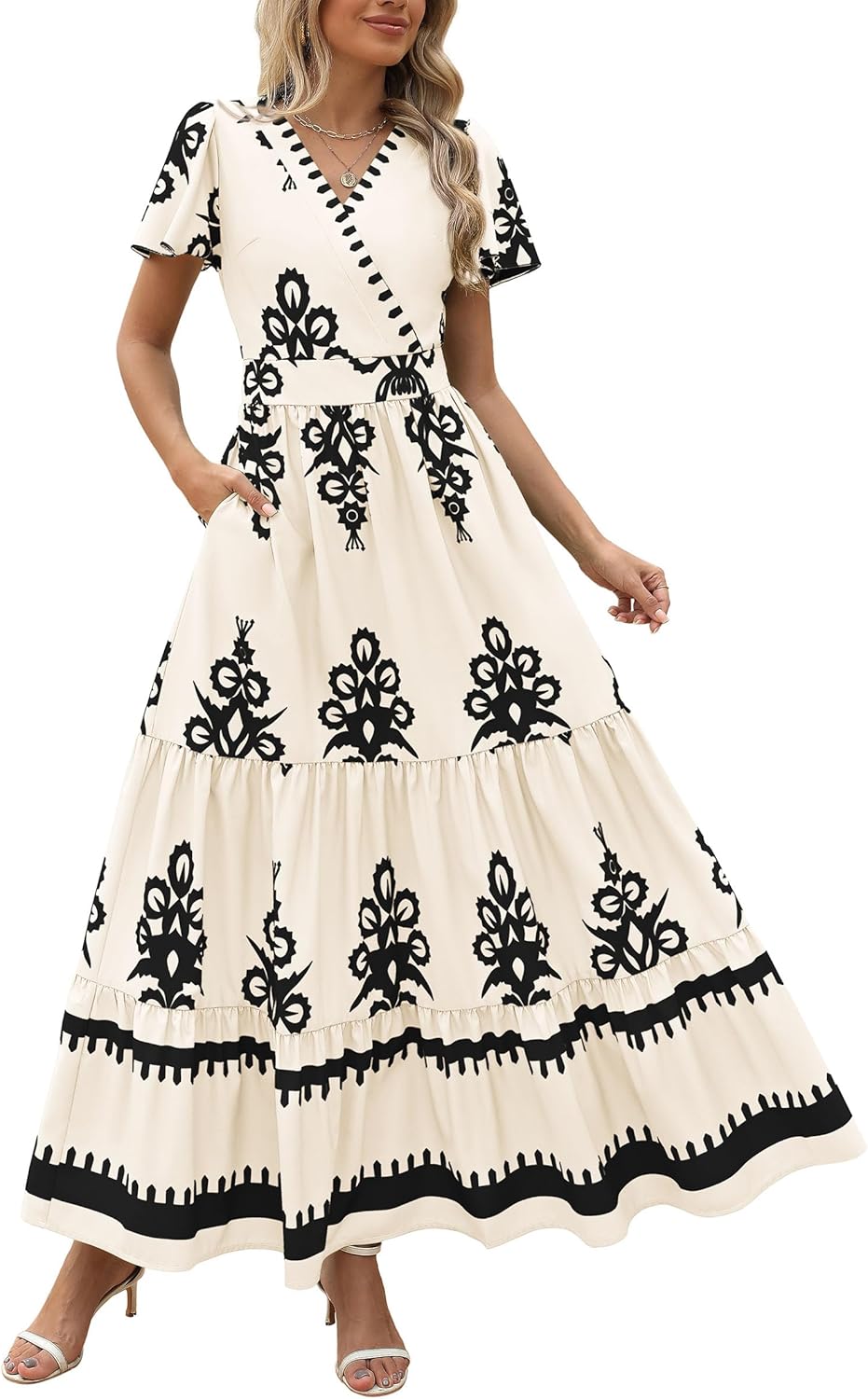 Womens Casual V Neck Boho Maxi Dress With Pocket