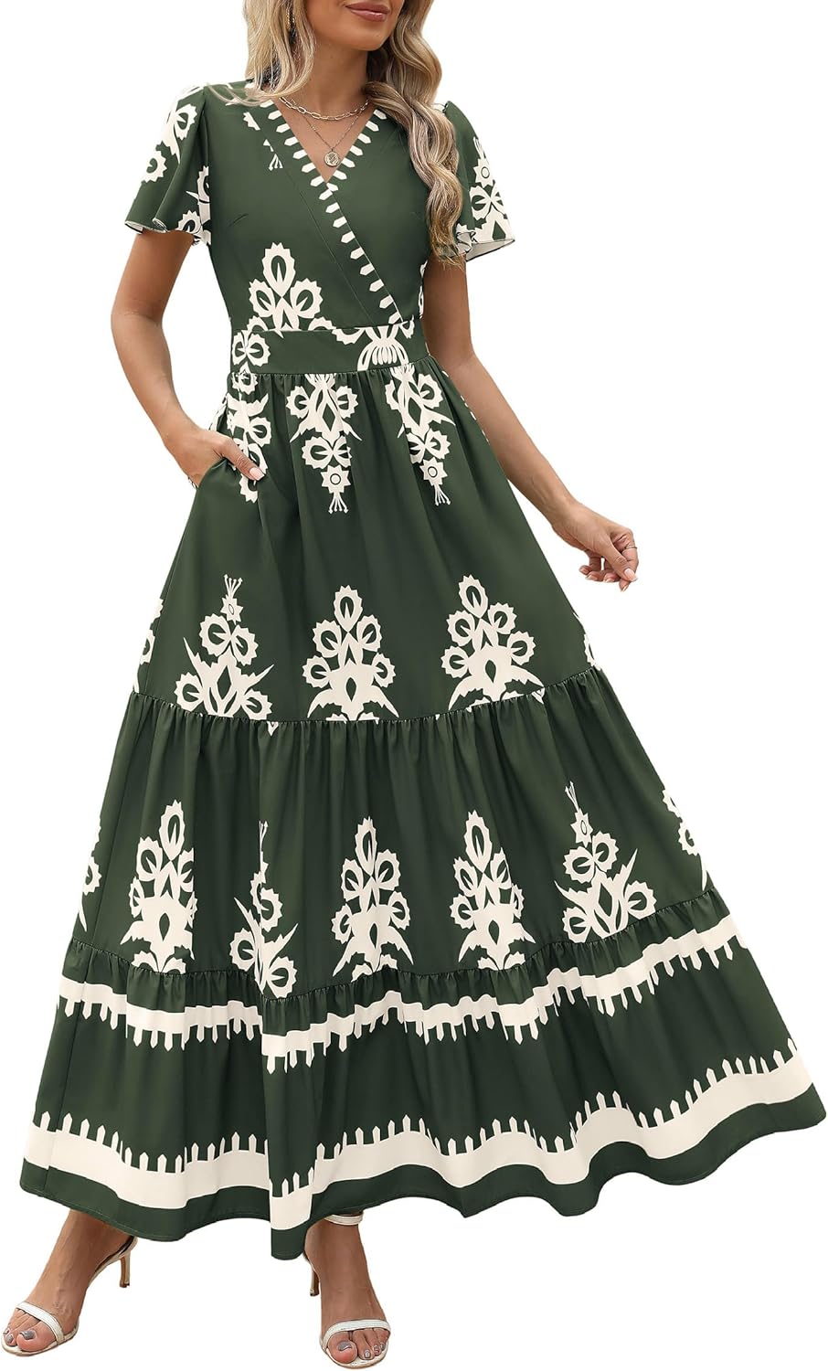 Womens Casual V Neck Boho Maxi Dress With Pocket