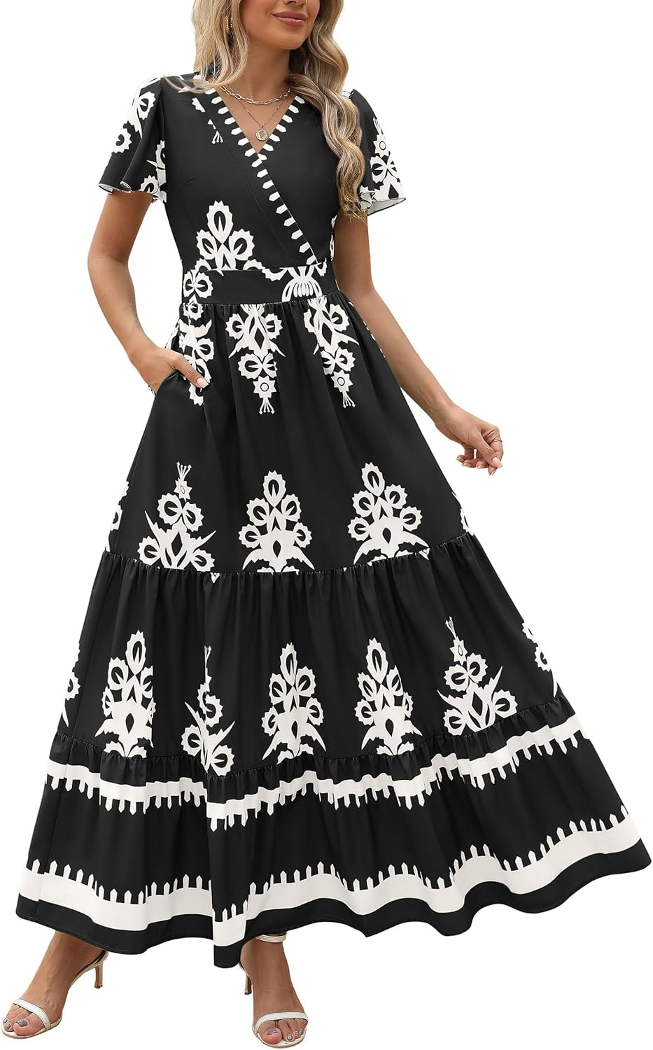 Womens Casual V Neck Boho Maxi Dress With Pocket