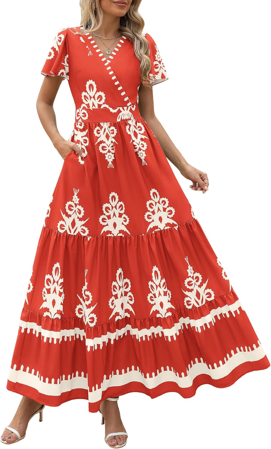 Womens Casual V Neck Boho Maxi Dress With Pocket