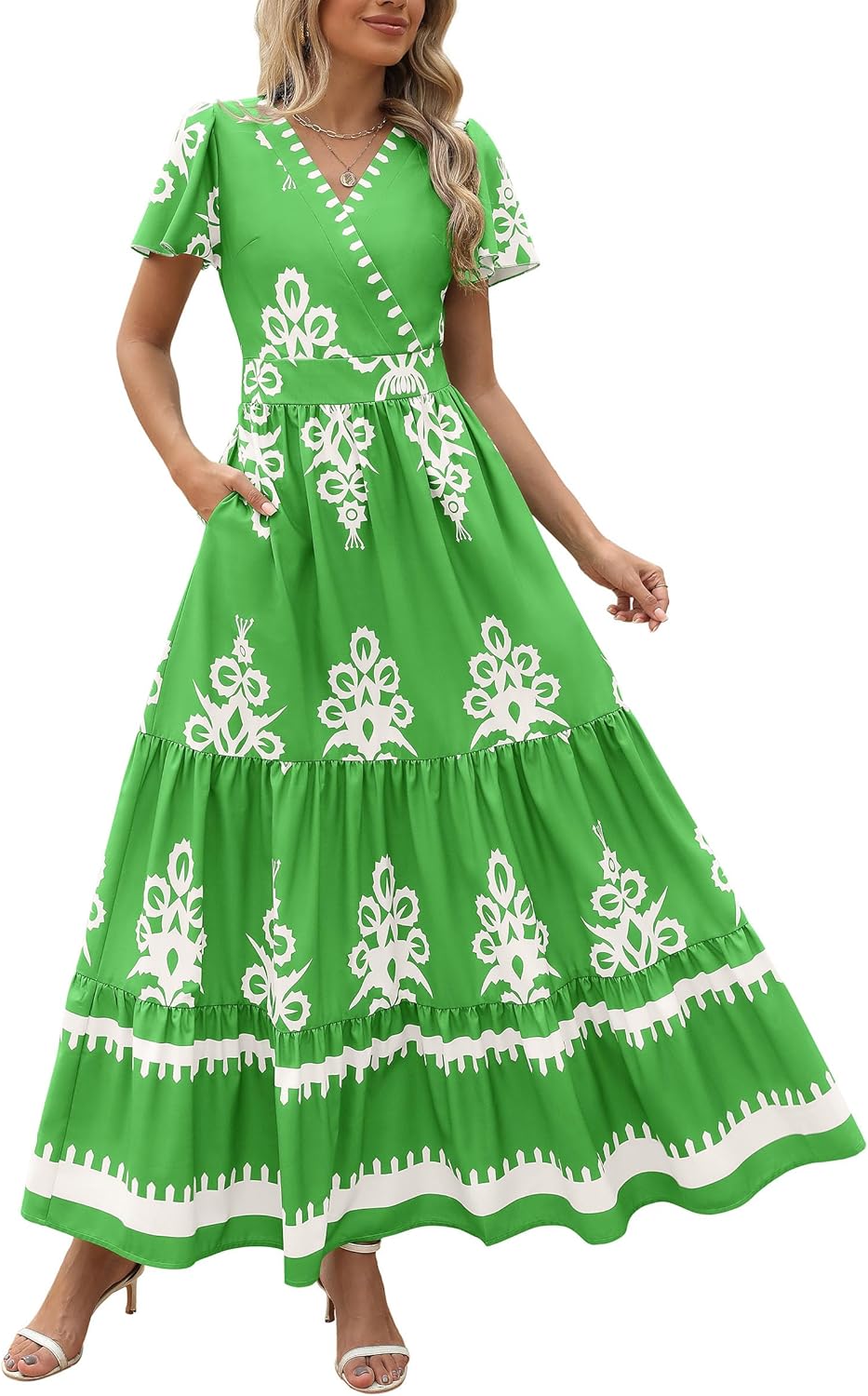 Womens Casual V Neck Boho Maxi Dress With Pocket