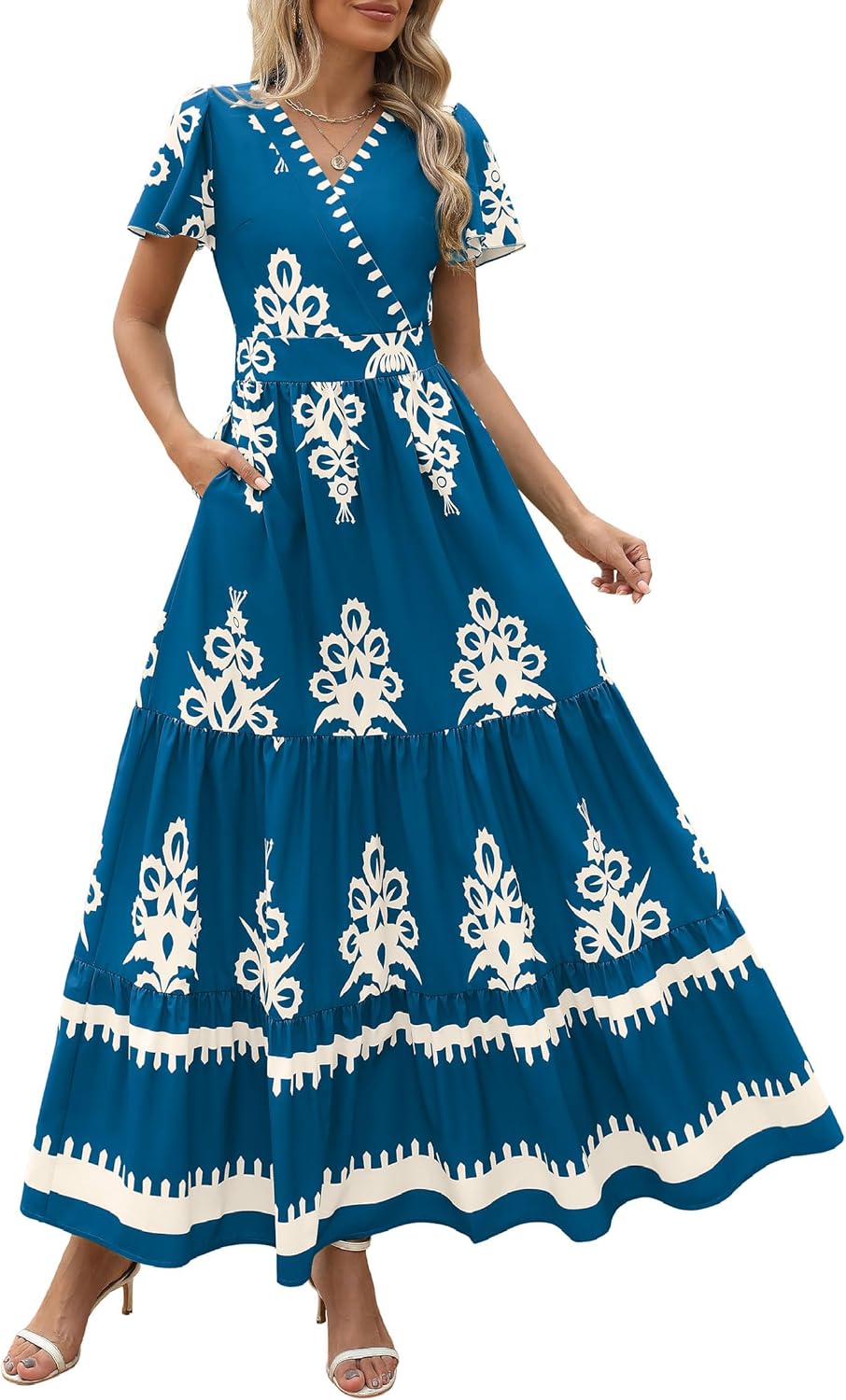 Womens Casual V Neck Boho Maxi Dress With Pocket