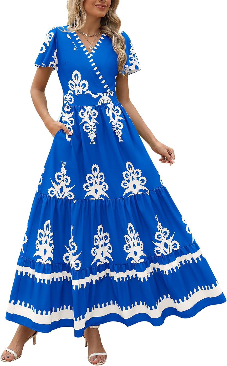 Womens Casual V Neck Boho Maxi Dress With Pocket