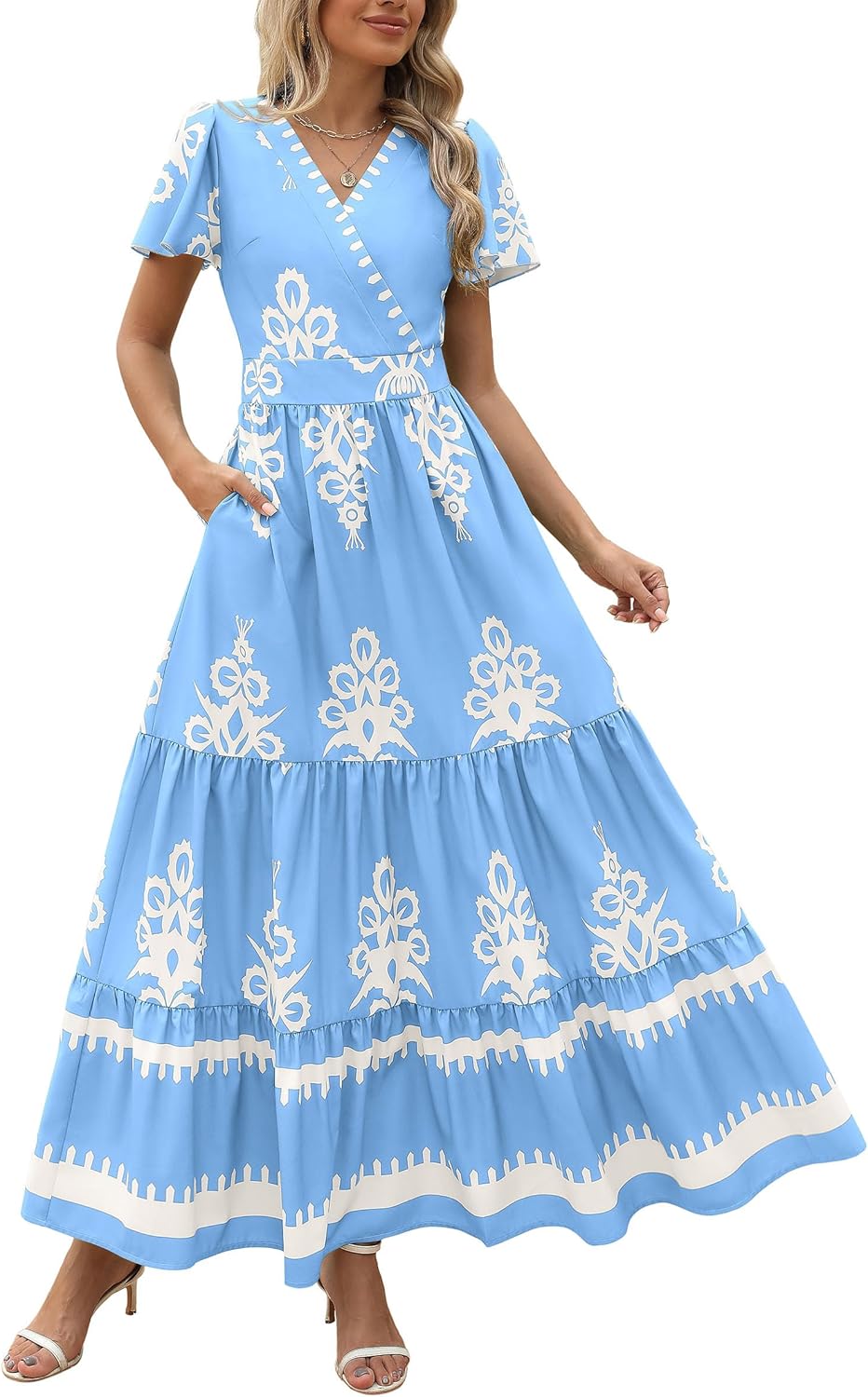 Womens Casual V Neck Boho Maxi Dress With Pocket