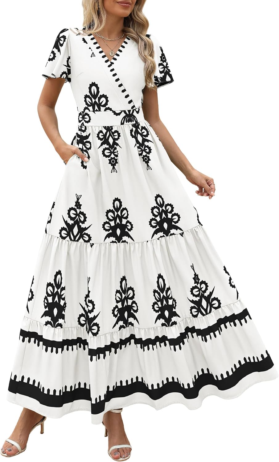 Womens Casual V Neck Boho Maxi Dress With Pocket