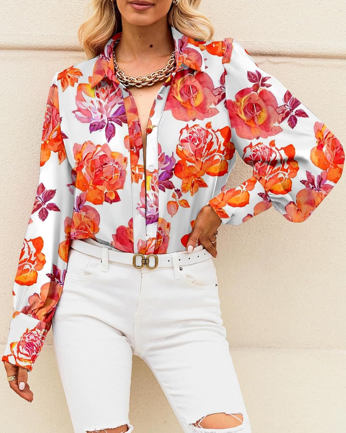 Women Fashion Button Down Lapel Printed Long Sleeve Blouses