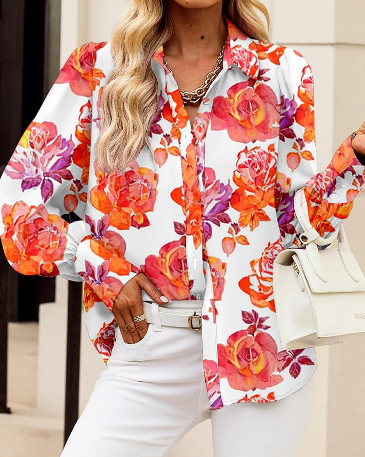 Women Fashion Button Down Lapel Printed Long Sleeve Blouses