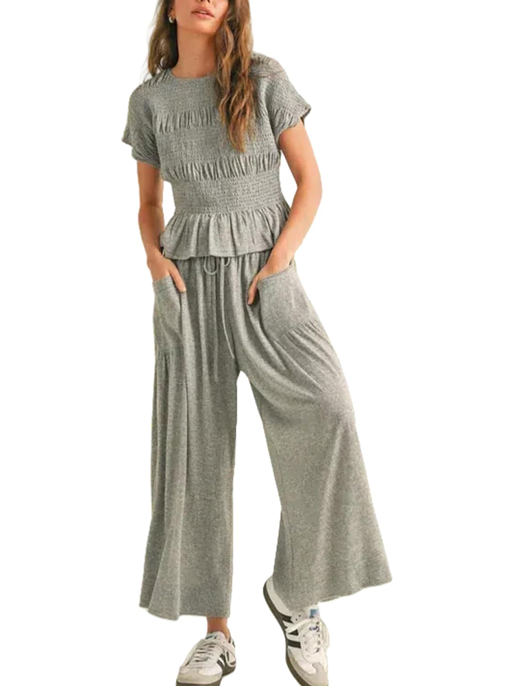 Women’s 2-Piece Smocked Top & Wide-Leg Pants Set (buy 2 free shipping)