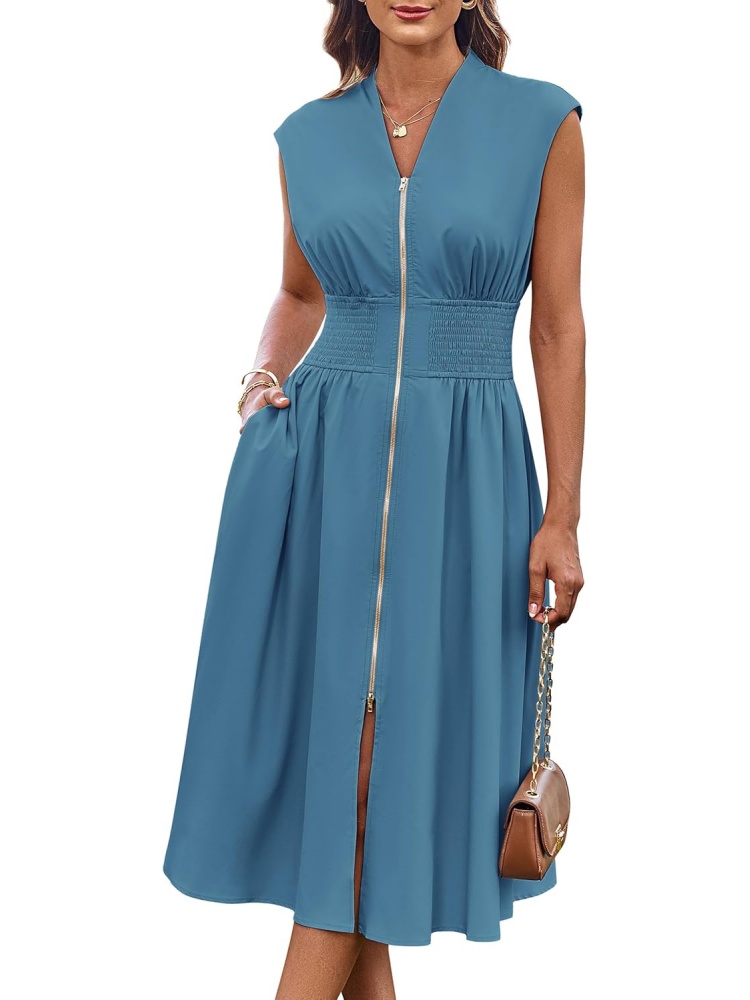Womens Casual Zipper Front Flowy Midi Dress with Pockets